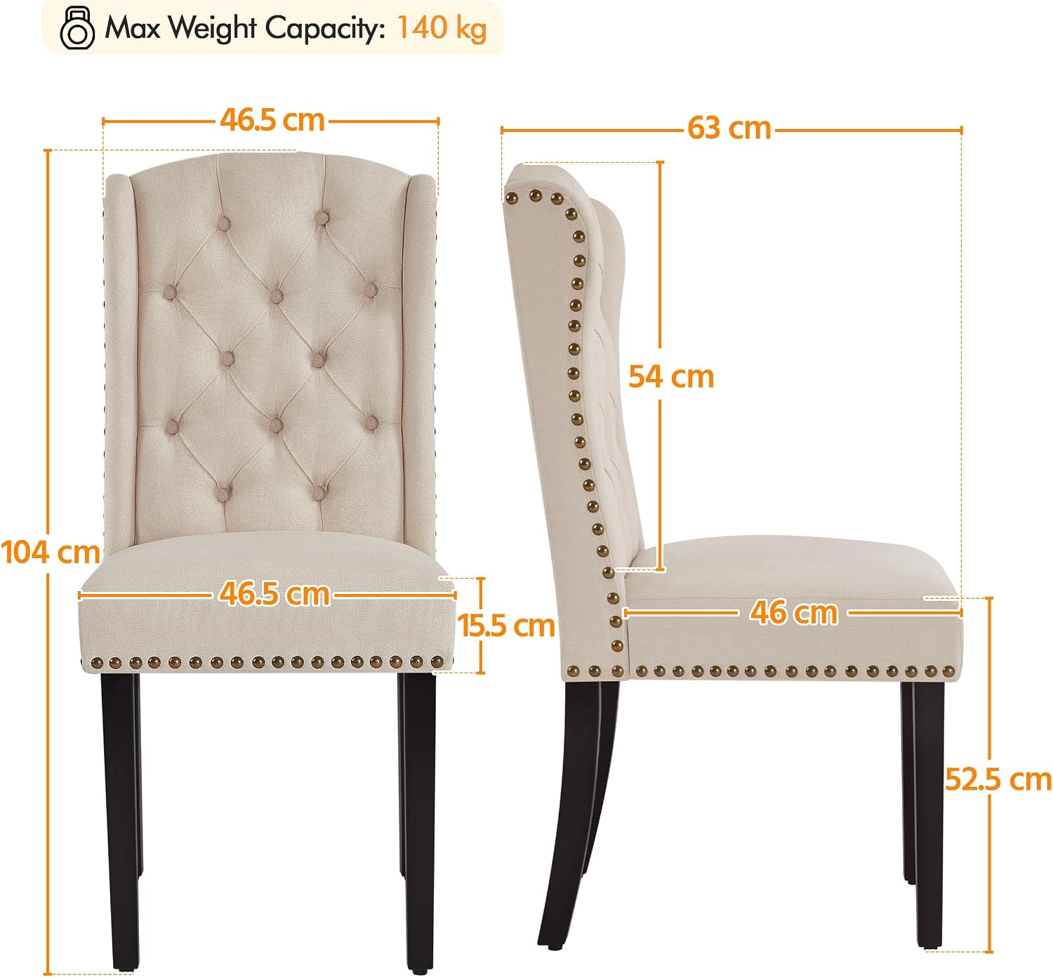 Thumbnail 2 de Yaheetech Upholstered Button Tufted Dining Room Chairs (Set of 2) with Nailhead Trims and Solid Legs, Beige