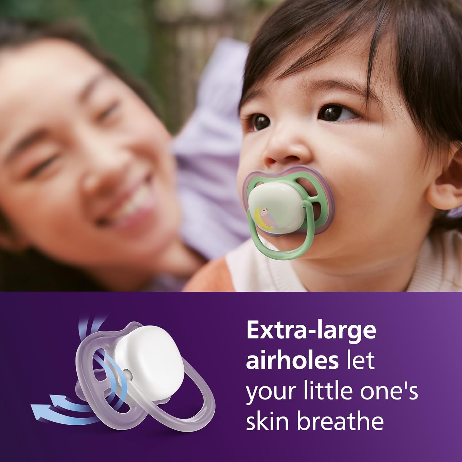 Thumbnail 1 de Philips Avent Ultra Air Nighttime Soothers (SCF376/29) – Orthodontic, Glow-in-the-dark, BPA-free, 6–18 months, 2 pack