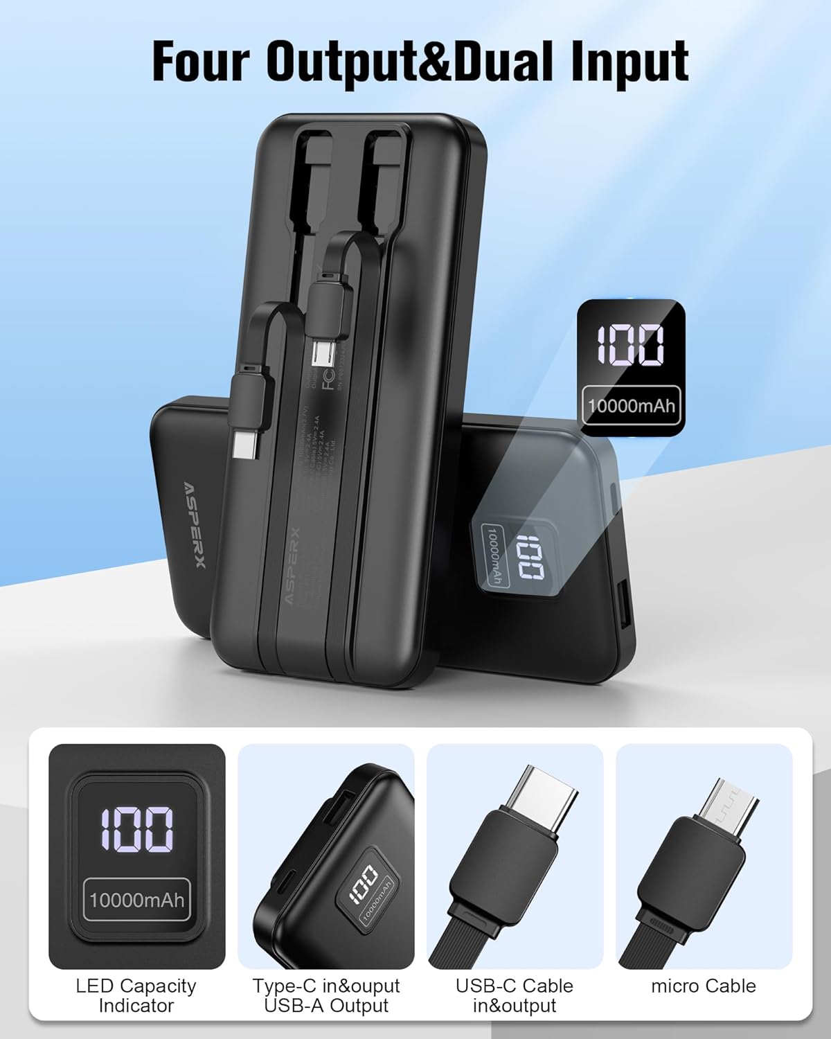 Thumbnail 1 de AsperX 10000mAh power bank with built‑in cables
