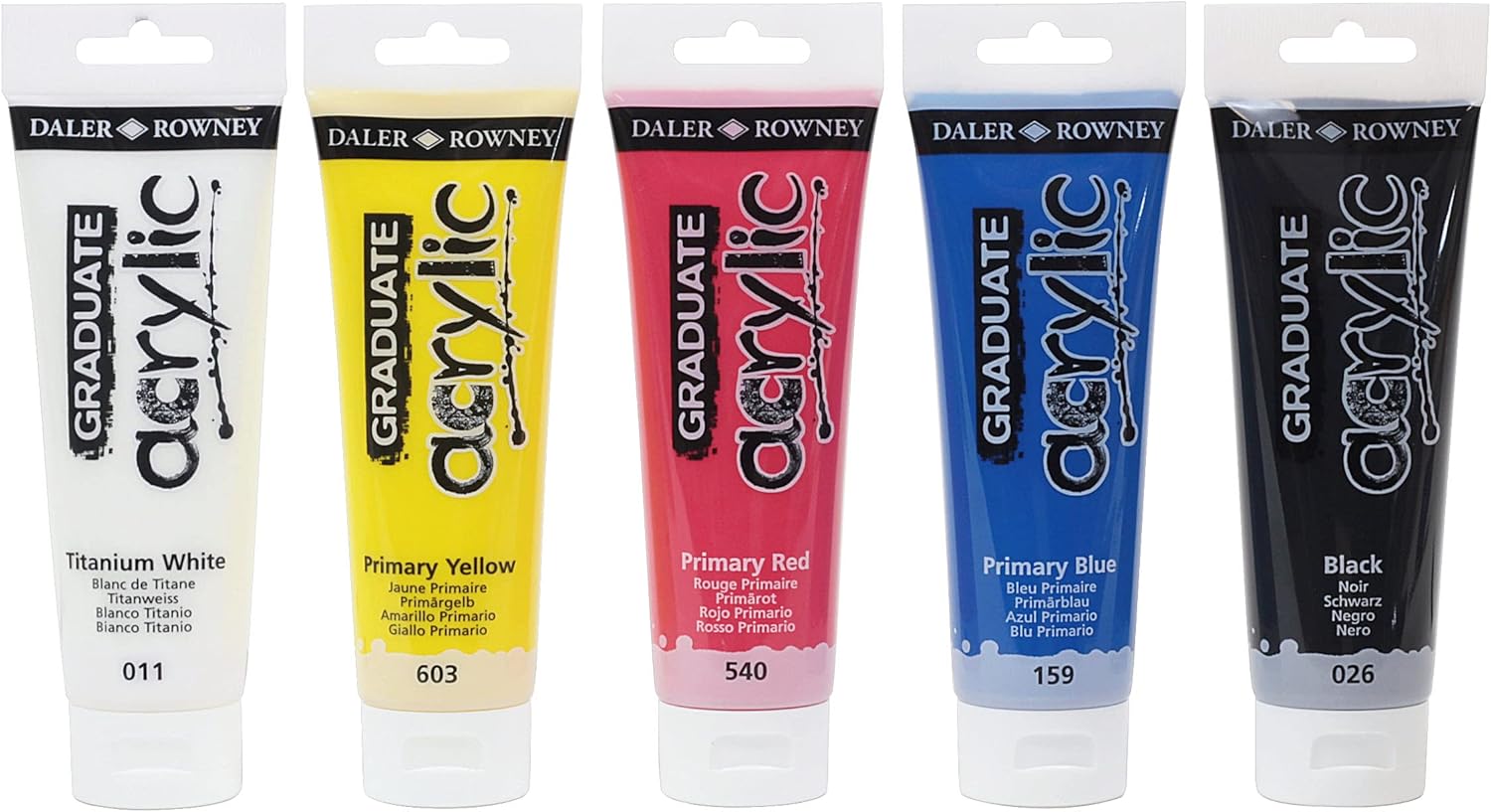 Detalle 1 de Daler Rowney GRADUATE Acrylic Starterset 5x120 ml – Primärfarben, Schwarz und Titanweiß