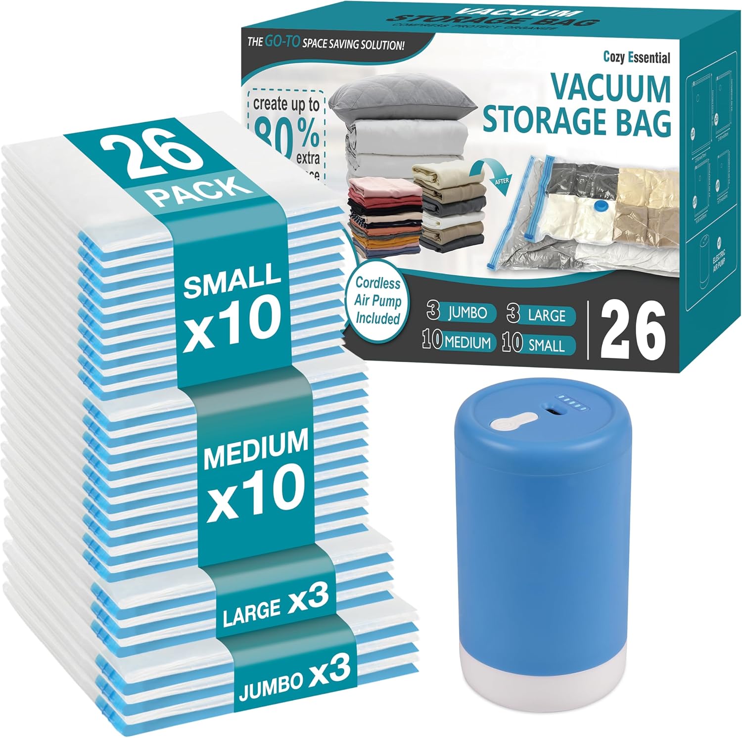 Cozy Essential Travel Vacuum Storage Bags, 26-Piece Set with Cordless USB Pump