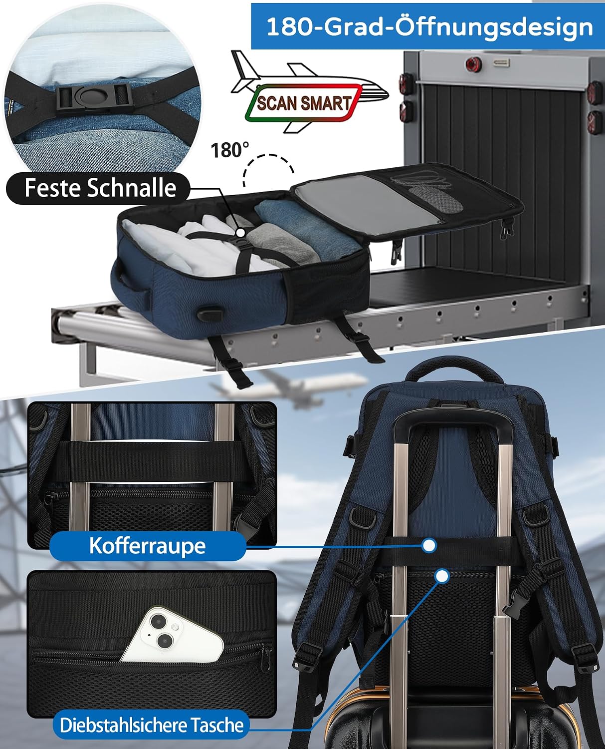 Thumbnail 2 de KLOSTAIN Handgepäck-Rucksack 40 x 20 x 25 cm (20 l) für Ryanair & Co. – Tiefblau
