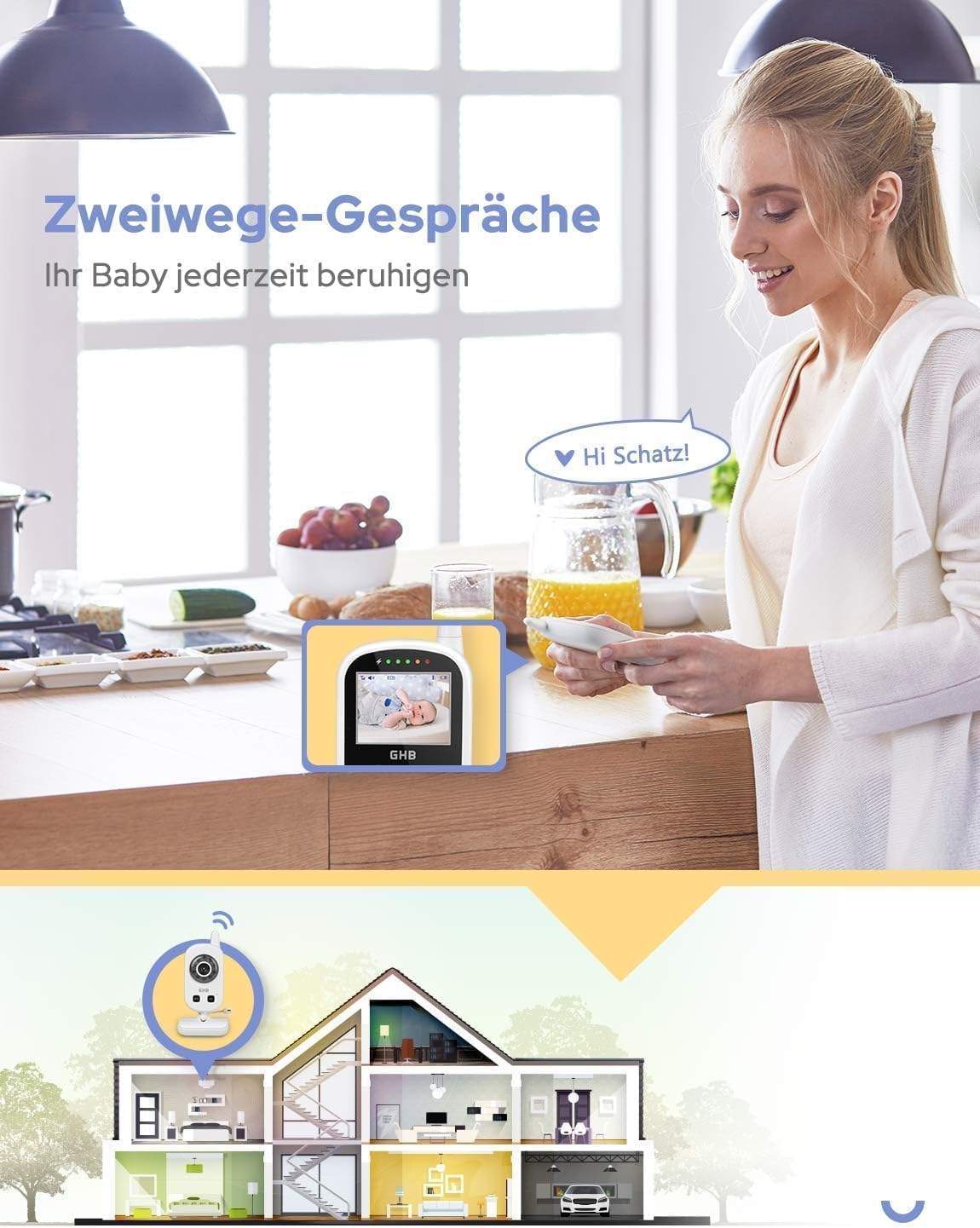 Detalle 2 de GHB Babyphone mit Kamera Video Monitor 2,4 GHz – Akku, Nachtansicht, Schlaflieder und Temperatursensor