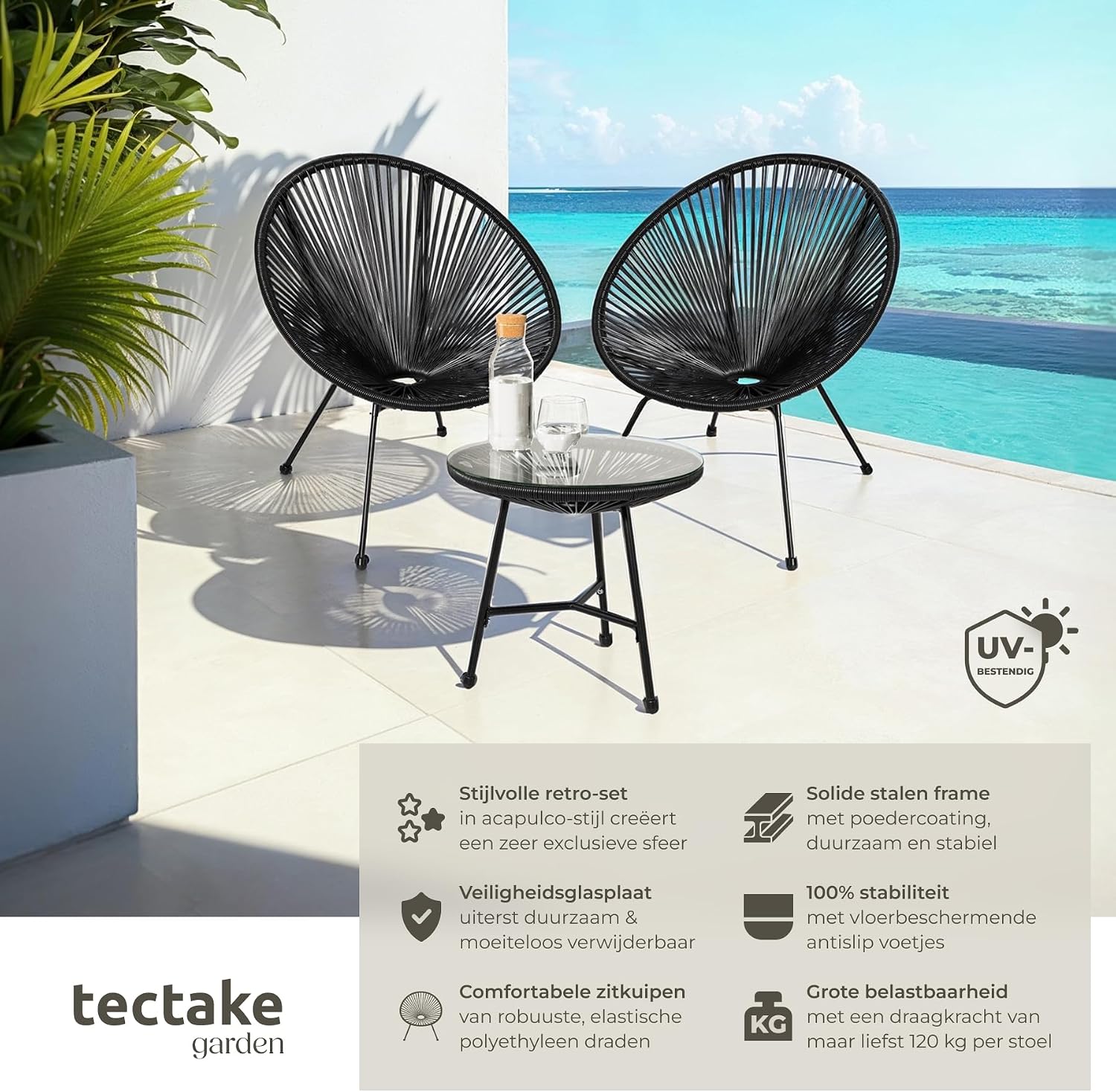 Detalle 2 de tectake 404410 Santana bistroset met 2 Acapulco-stoelen en tafel, zwart