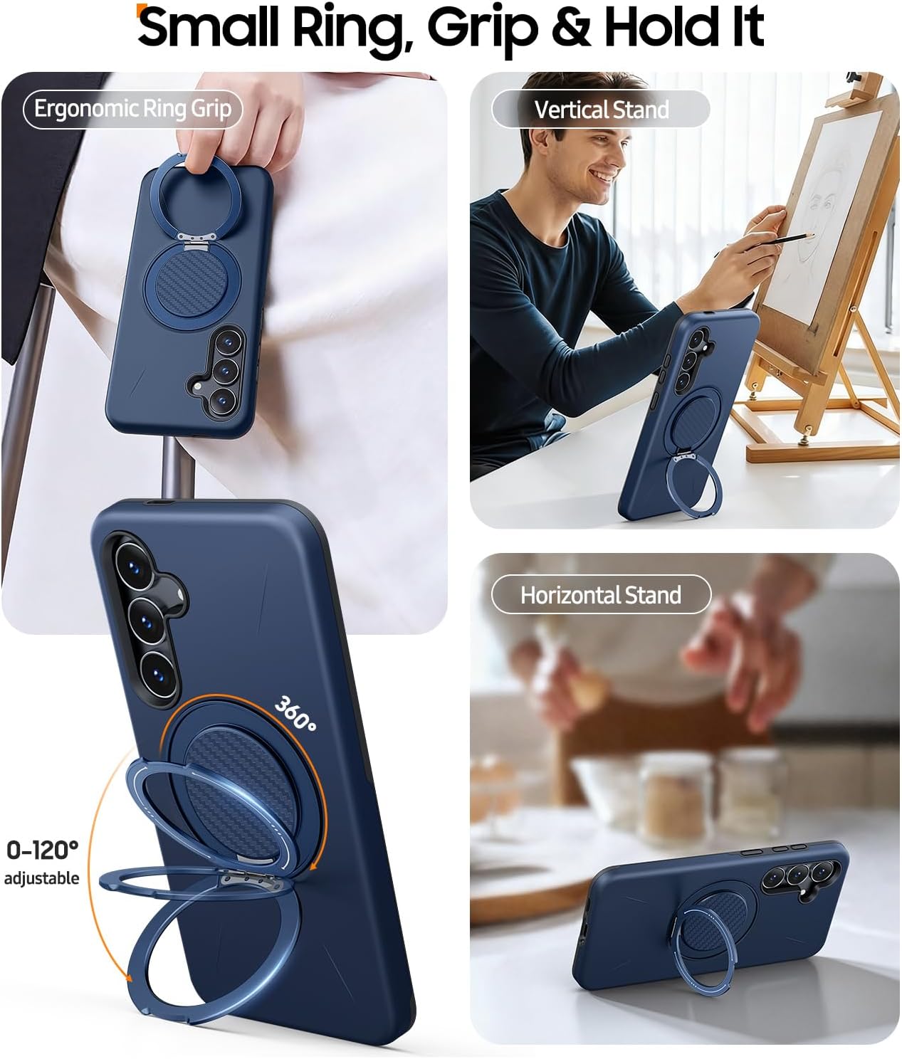 Thumbnail 1 de JAME for Samsung Galaxy S25 FE Case with 360° Ring Stand + Screen Protectors (2-Pack), Dual-Layer Shockproof Cover, Blue