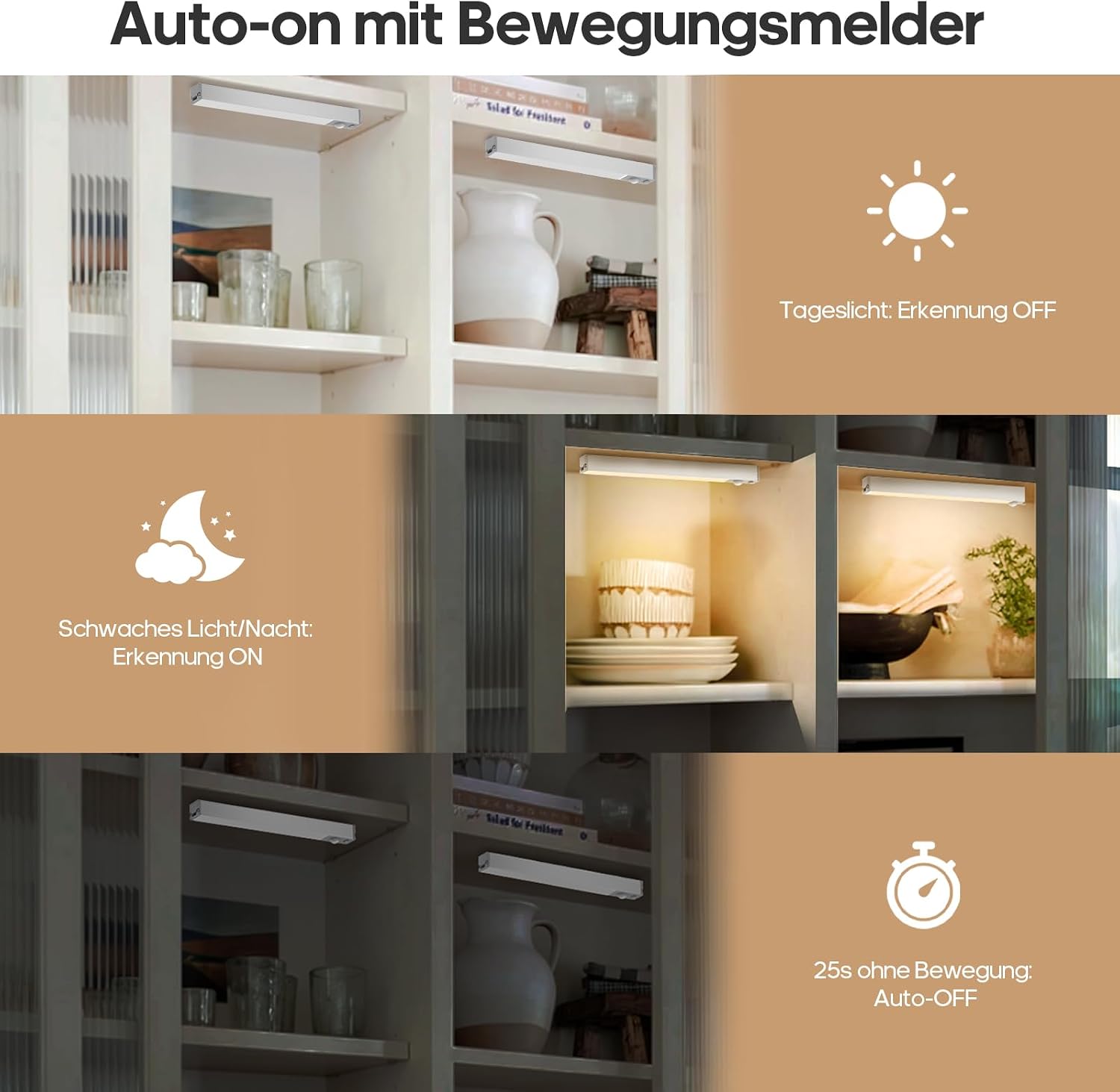 Detalle de GOODEA 18 cm Slim Bright LED Schrankbeleuchtung mit Bewegungsmelder (3er-Set, dimmbar)
