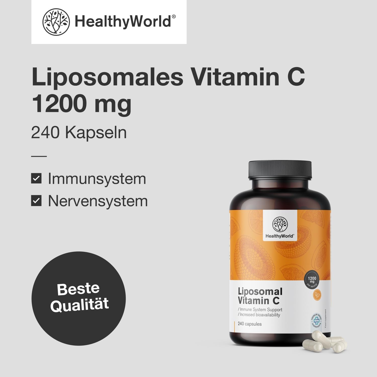 Thumbnail 2 de HealthyWorld Liposomales Vitamin C – 240 Pflanzenkapseln (1200 mg/Tag) mit Hagebutte & Sonnenblumen-Phospholipiden