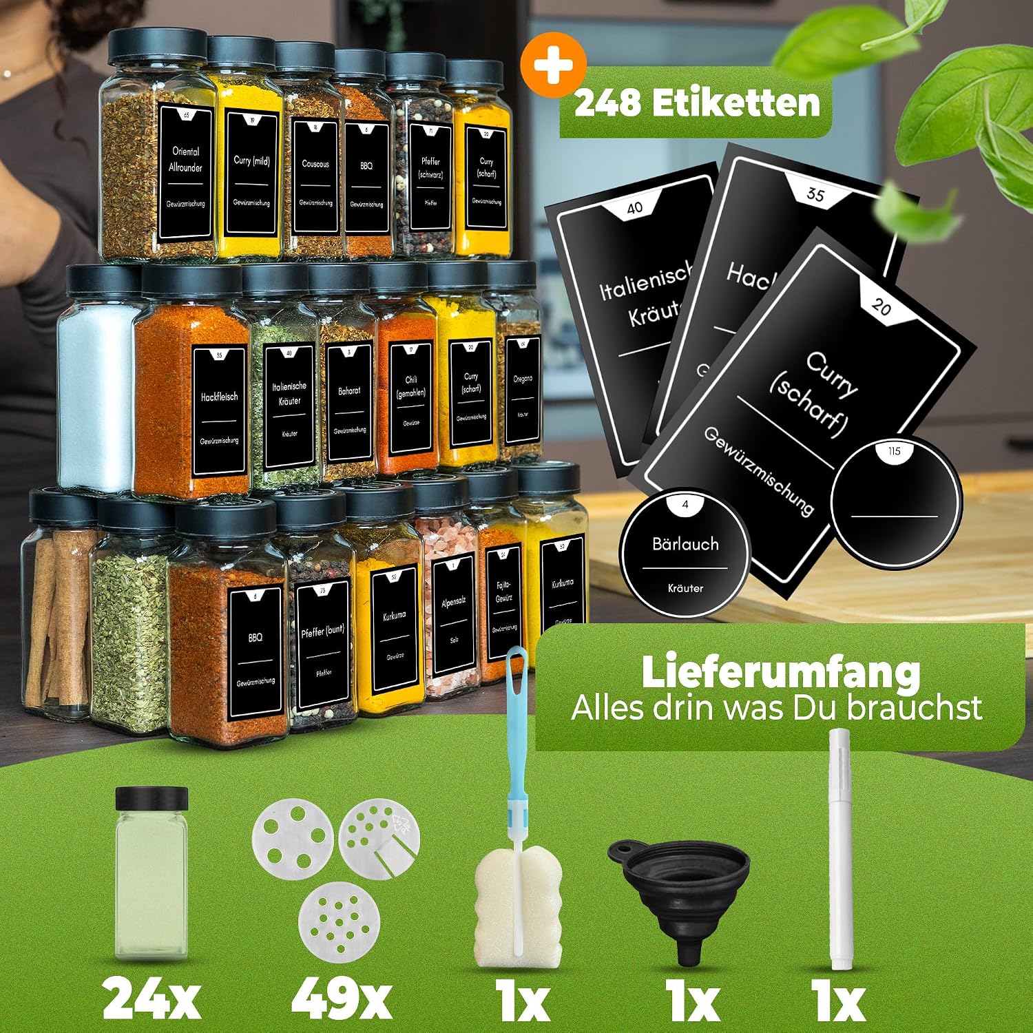 Detalle de CLIDOR Gewürzgläser eckig, 24 × 125 ml – luftdicht, mit Streueinsatz & 248 Etiketten
