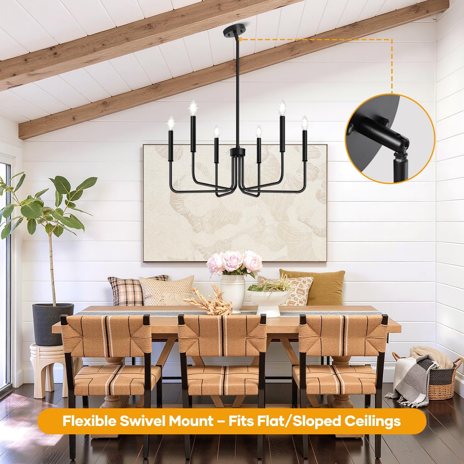 Detalle 2 de Lynnoland L220028P6 6-Light Black Farmhouse Chandelier, Adjustable Height