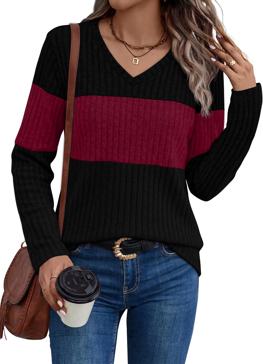 Thumbnail 1 de WIHOLL Women's Colour-Block V-Neck Long-Sleeve Sweater Top