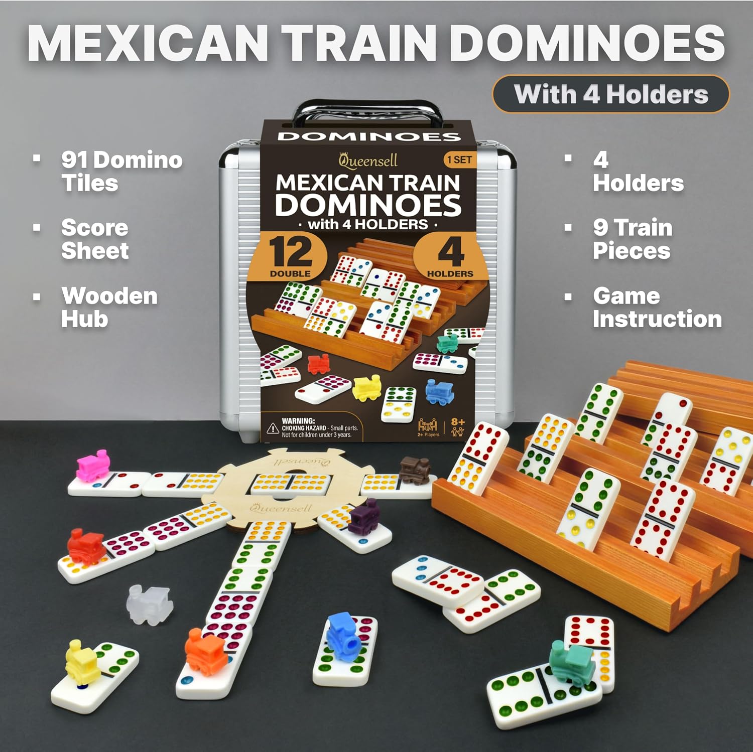 Detalle 2 de Mexican Train Dominoes Set with 4 Holders (Double 12) for Family Game Night