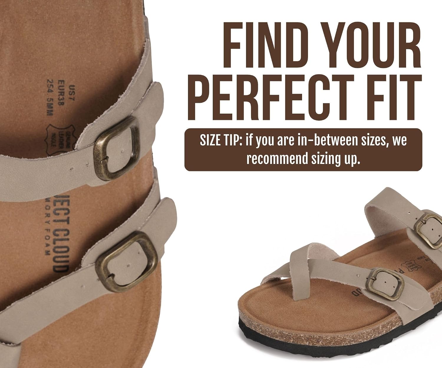 Detalle 2 de Project Cloud 100% Genuine Leather Womens Sandals (Lightweight, Memory Foam Insole, Cork Footbed) by Lian