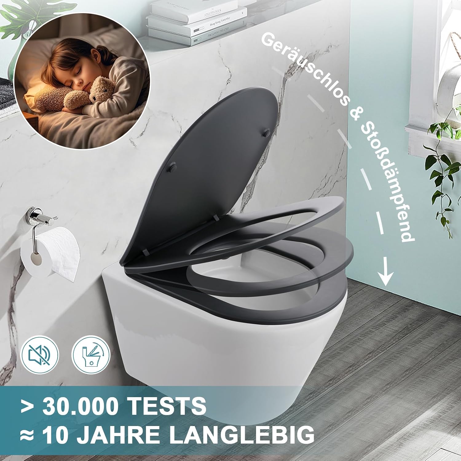Thumbnail 1 de MEEJEE WC Sitz D Form – Toilettendeckel mit Absenkautomatik und Soft-Close, Duroplast grau
