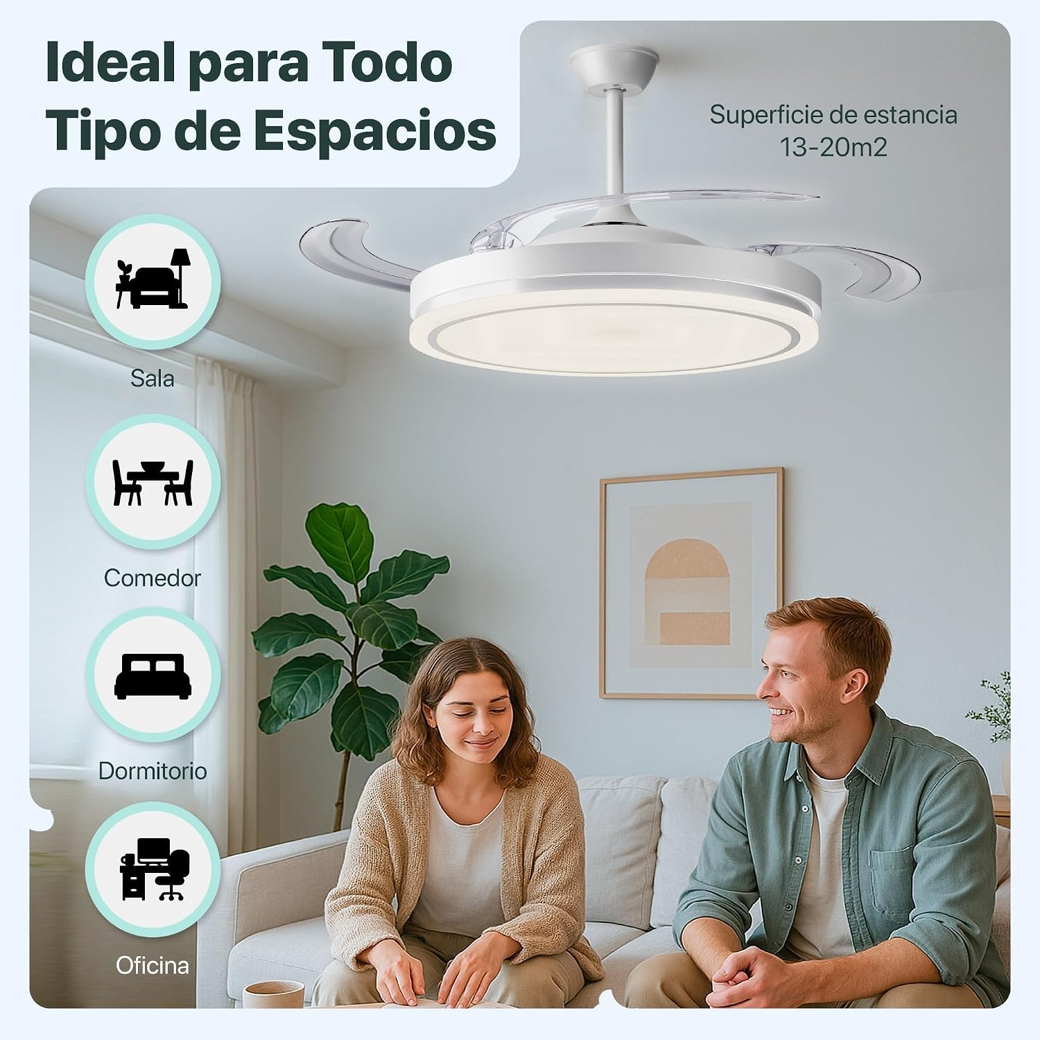 Detalle 2 de LEDUNI Ventilador de Techo LED con Aspas Retráctiles – 66W (30W Motor DC + 36W Luz), Blanco