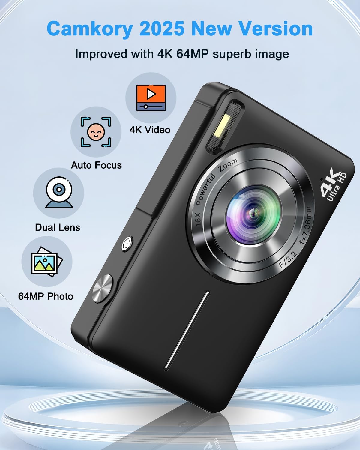 Detalle 2 de Camkory 4K 64MP Digital Camera (Compact Point-and-Shoot with Dual Camera, Auto Focus, 16X Zoom) — Black