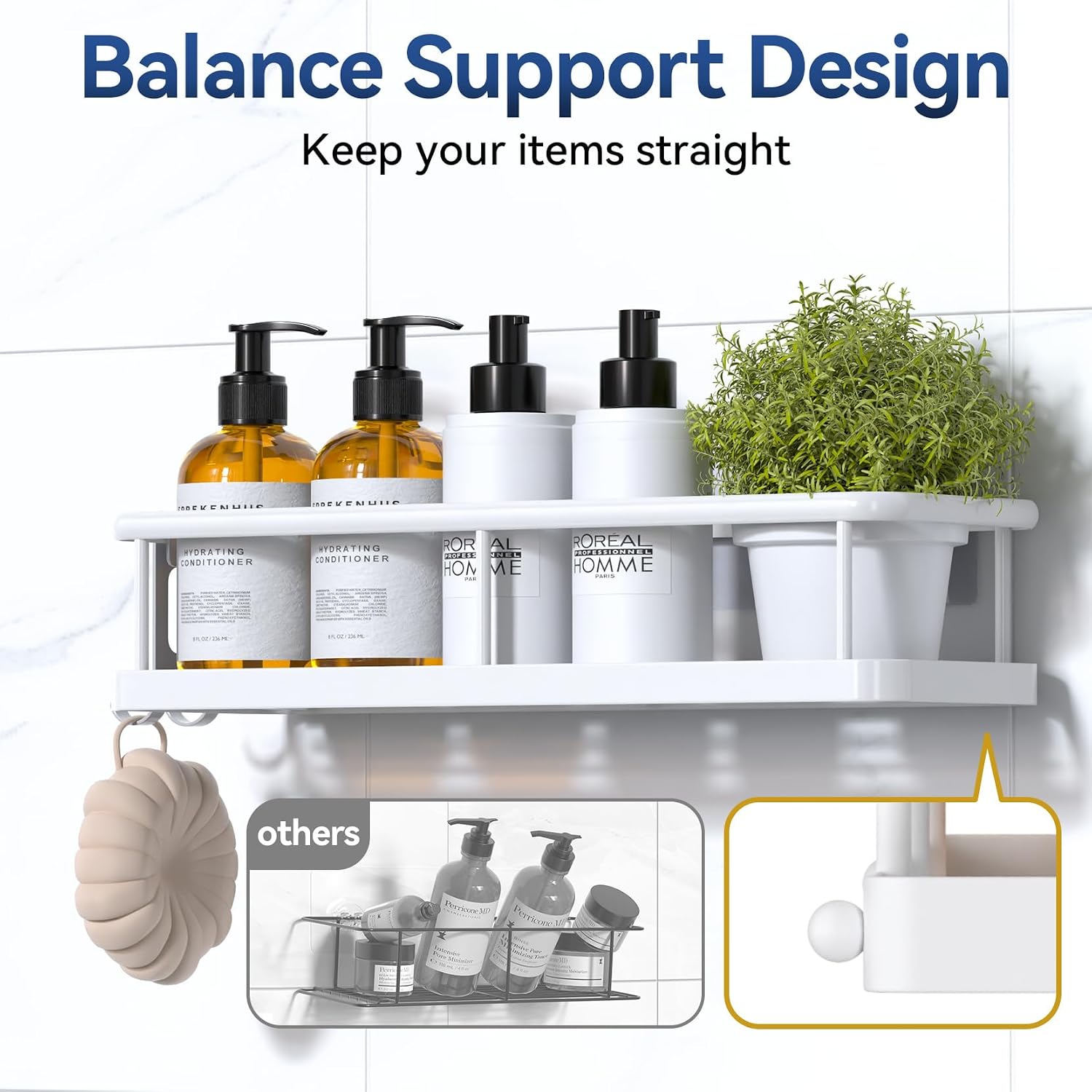 Detalle de YASONIC YS-K-419E Adhesive Shower Caddy Set, 3-Piece Powder-Coated Metal