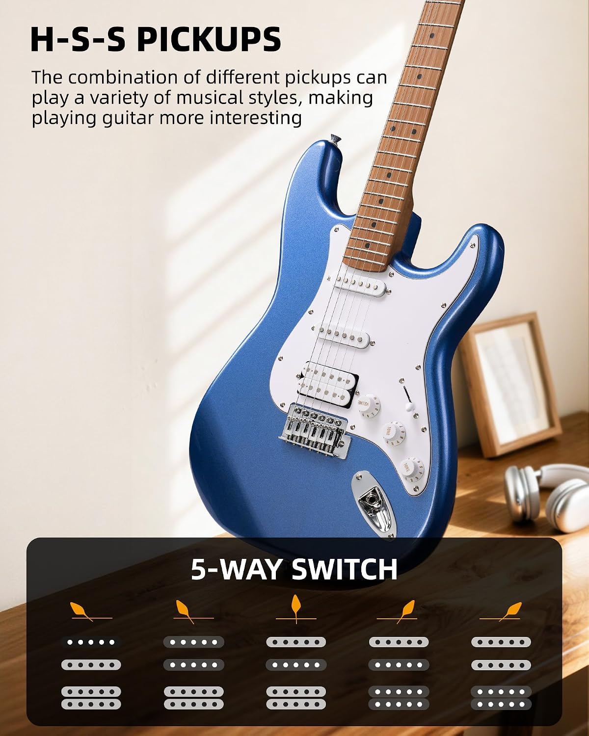 Detalle 2 de LEKATO BCUS3680BL Electric Guitar Kit, 39-Inch HSS with 5W Mini Amp