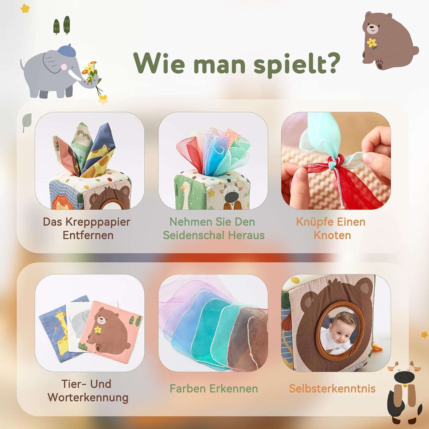 Thumbnail 1 de WOODEN TEETHER Tissue Box Montessori Motorikspielzeug mit Spiegel – Sensorik-Lernspiel für Babys (ca. 6–12 Monate)