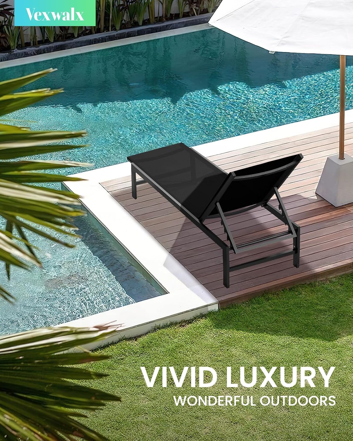 Detalle 2 de Vexwalx VX-TY-6001-P-1-Black Aluminum Outdoor Lounge Chair, 5-Position Textilene