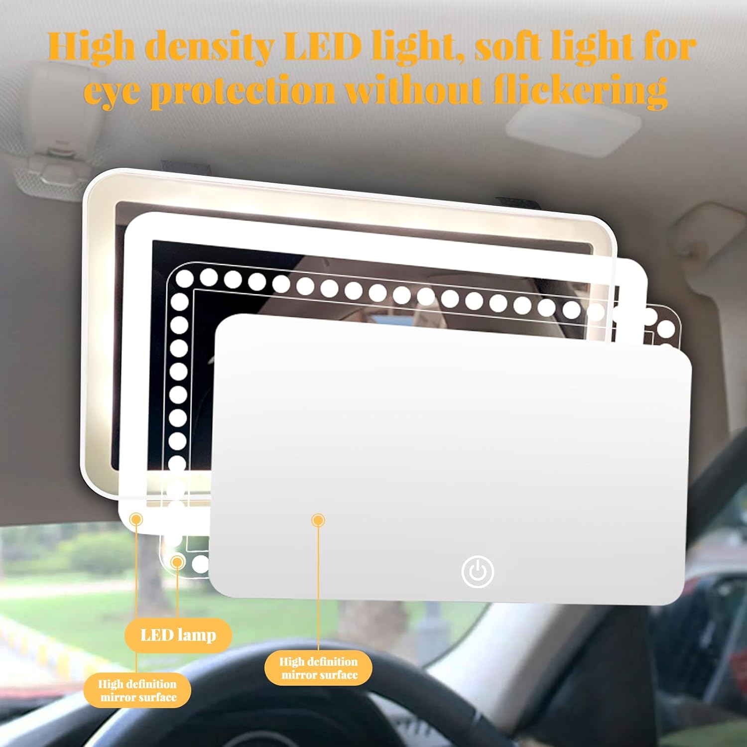 Detalle de LED Car Vanity Mirror with Lights (3 colour temperatures) for car sun visors – White, touch control & rechargeable