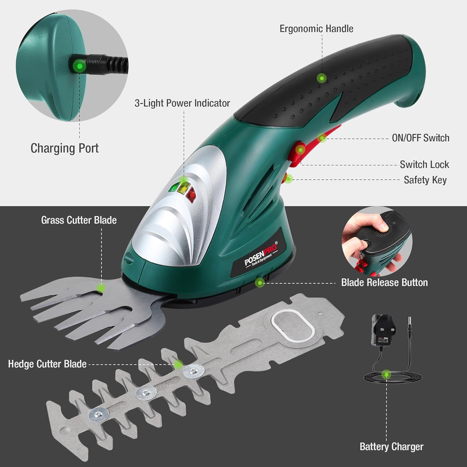 Thumbnail 1 de POSENPRO 7.2V 2-in-1 Cordless Hedge Trimmers & Grass Shear (rechargeable lithium-ion)