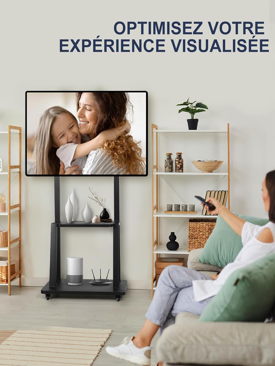 Thumbnail 1 de Support TV sur pied roulant pour 32–75 pouces – Meuble TV blanc avec étagère et roues verrouillables