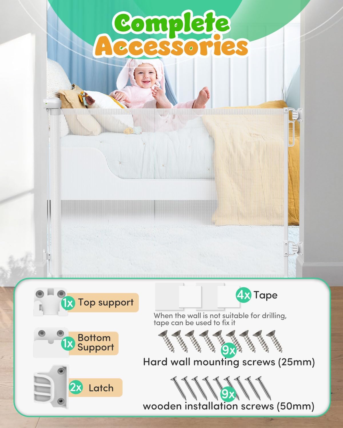 Detalle de Retractable Stair Gate for Baby with Double Lock, 140 cm Wide, One-Handed Operation