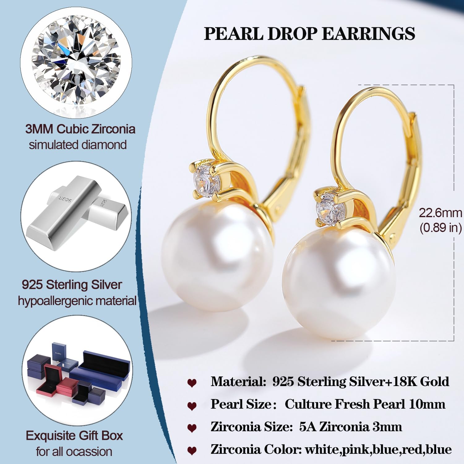Detalle de jiamiaoi 18Kt Weißgold plattiert Perlenohrringe – Silber 925, Tropfen-Perle 10 mm