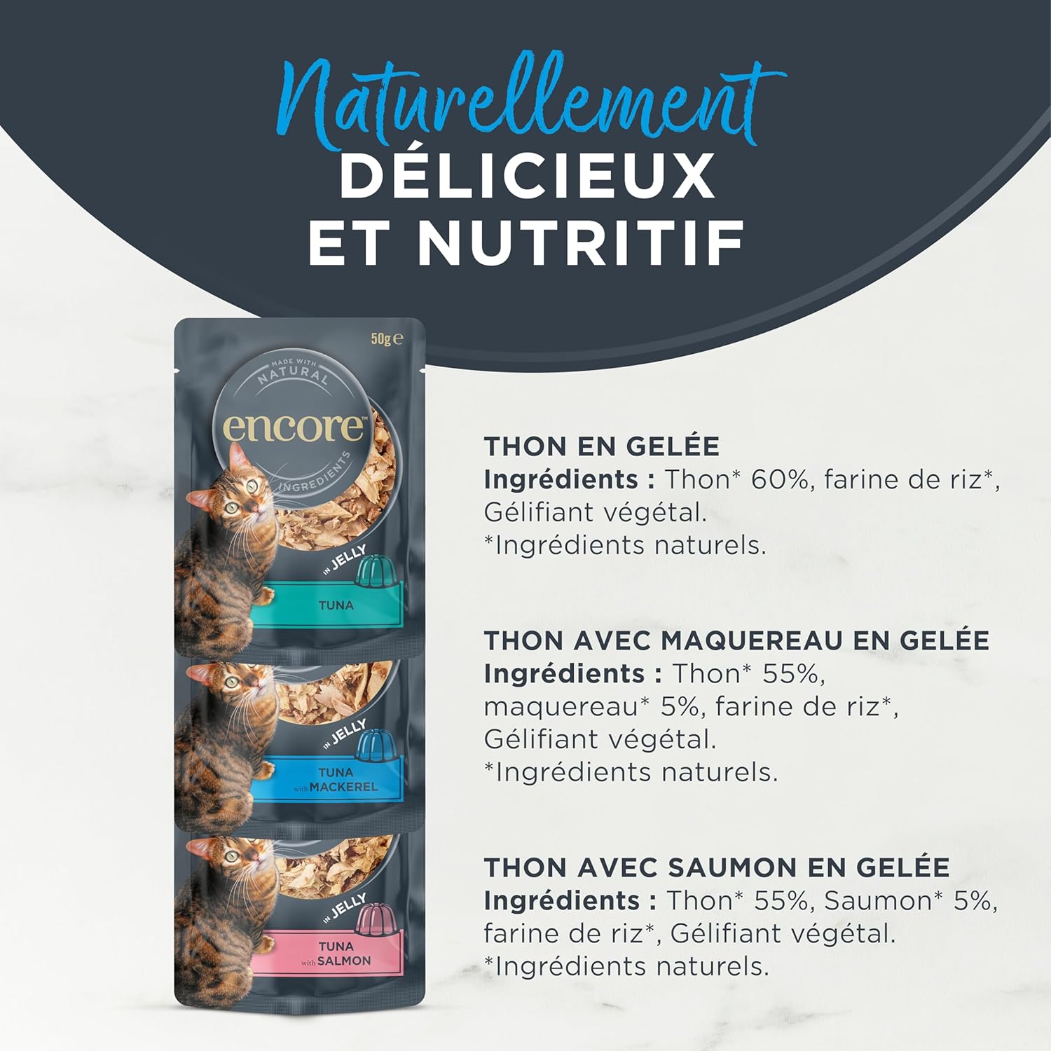 Detalle de Encore Nourriture humide naturelle pour chats — thon et sélection de poissons, sachets de 50 g (20 sachets)