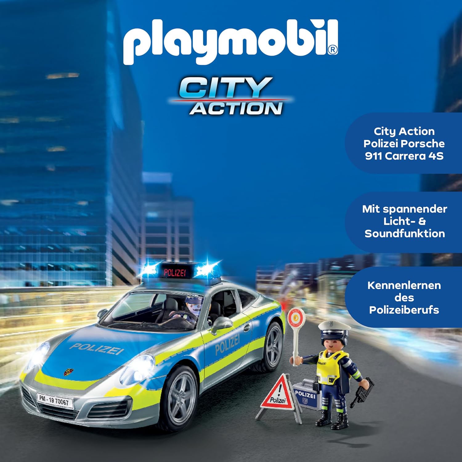 Detalle de PLAYMOBIL Cars Porsche 911 Carrera 4S Polizei mit Licht, Sound und Dach-Abnahme – 70067