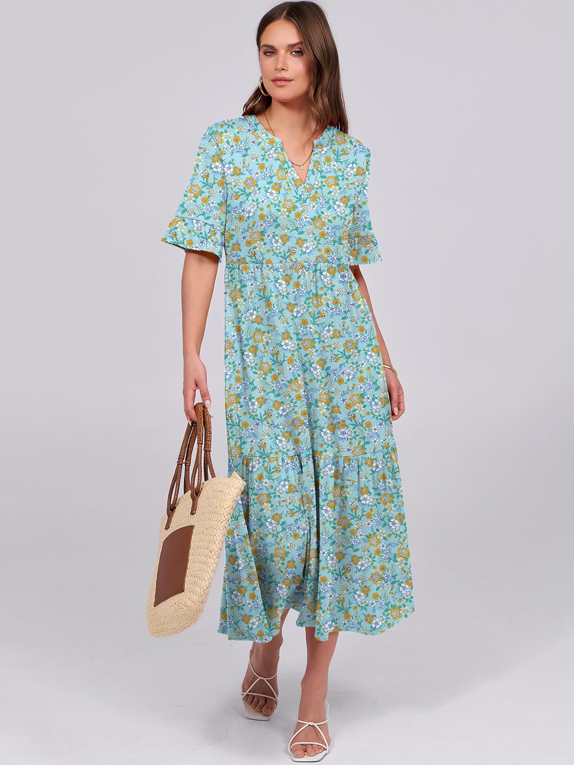 Thumbnail 5 de ANRABESS Women's Summer Maxi Dress: Casual Ruffle Short Sleeve V-Neck Boho Flow with Pockets