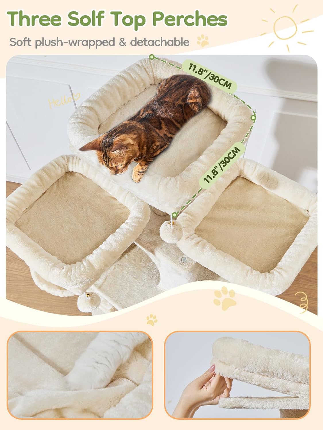 Detalle de Taoqimiao MS047M Cat Tree (193 cm) with 7 sisal posts, condos, hammock and hanging basket