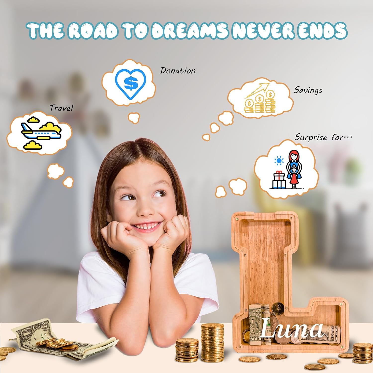 Thumbnail 3 de JOOMLAFLY Wooden Letter Piggy Bank: Large, Personalized Initial Coin Bank for Kids