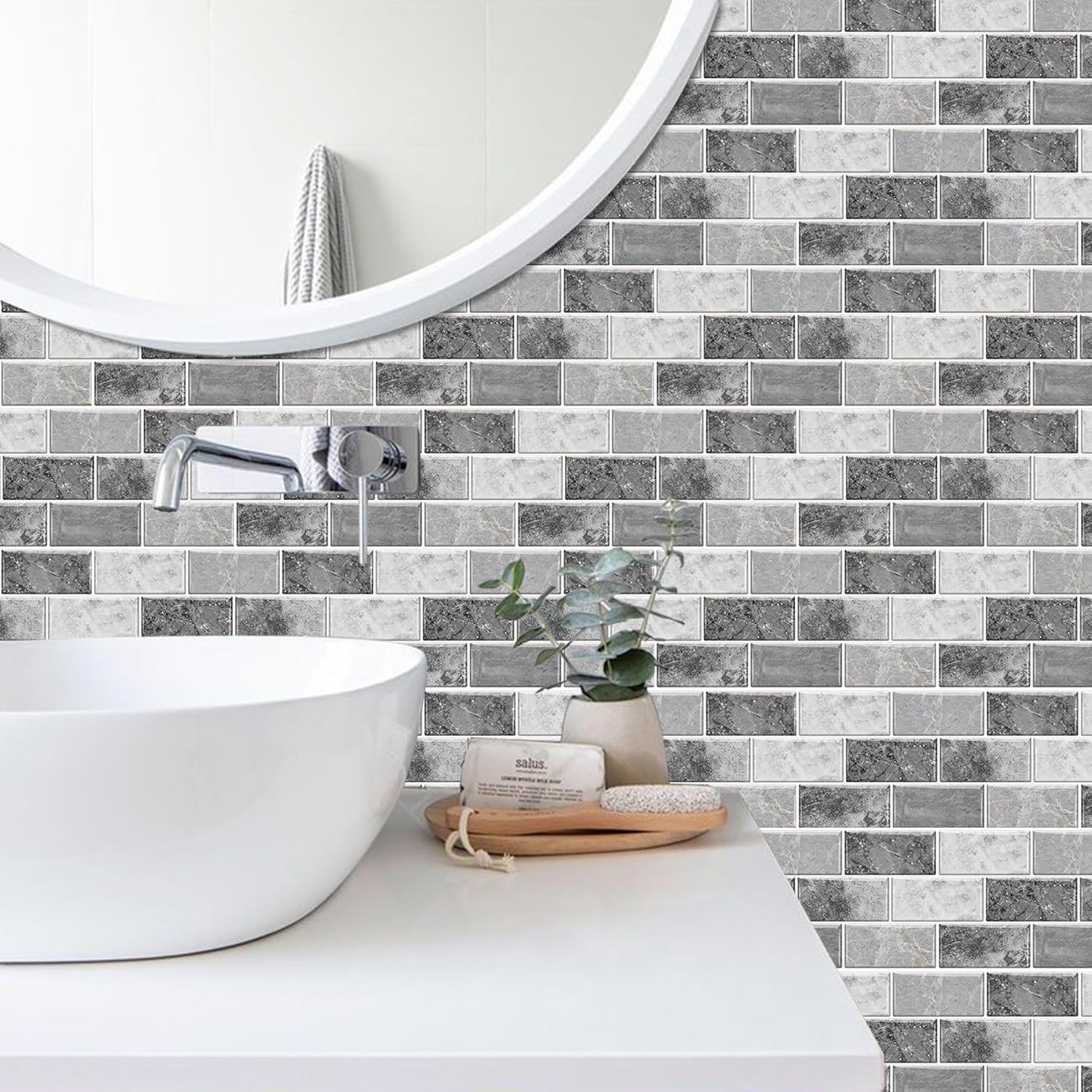 Detalle de 24 Sheets Grey Tile Stickers - Peel-and-Stick Vinyl Backsplash Tiles for Kitchen & Bathroom