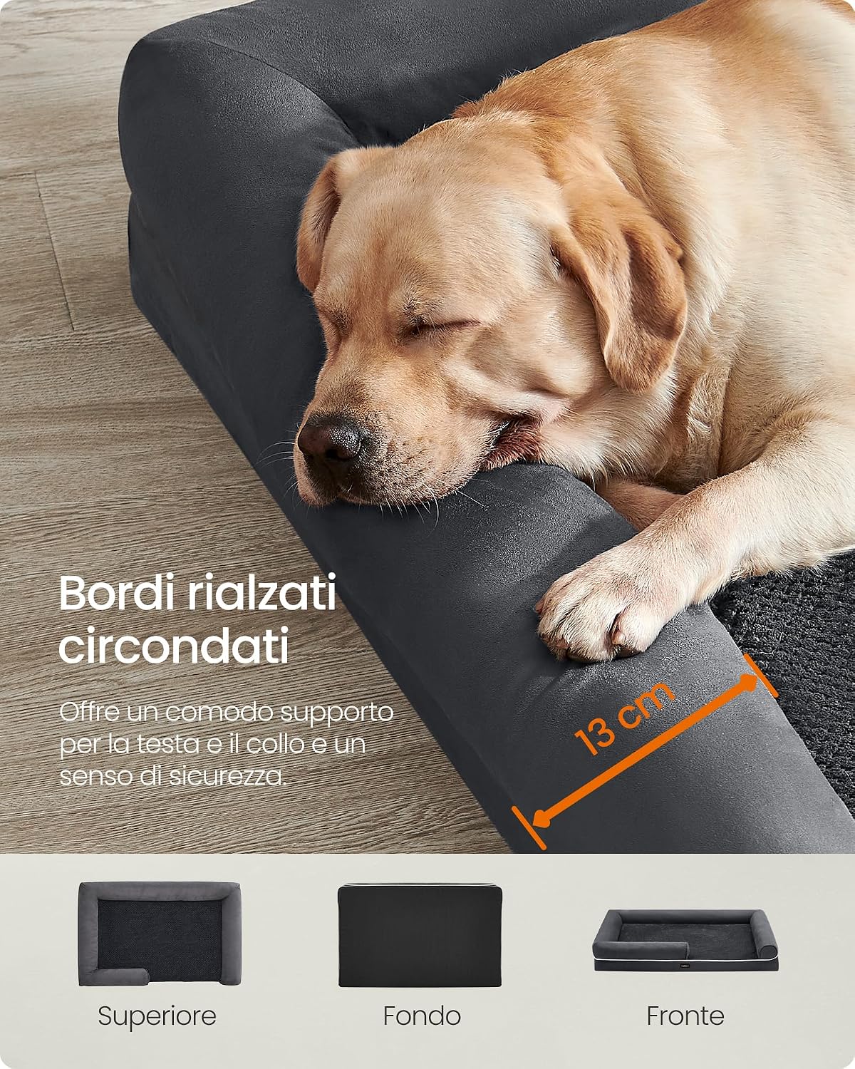 Detalle de Feandrea cuccia ortopedica per cani con bordi rialzati e copertura sfoderabile, 135 x 107 x 23 cm (grigio scuro PGW079G01)