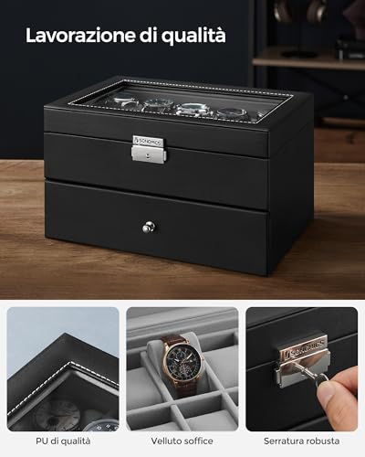 Detalle de SONGMICS Porta Orologi JWB020: Scatola a 2 Livelli con Coperchio in Vetro, Cuscinetti Rimovibili e Interno Grigio