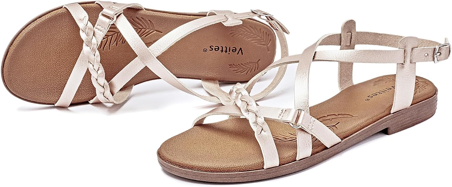 Detalle 2 de Veittes Women's Casual Flat Slide Sandals with Fashion Braided Cross Straps and Adjustable Ankle Straps