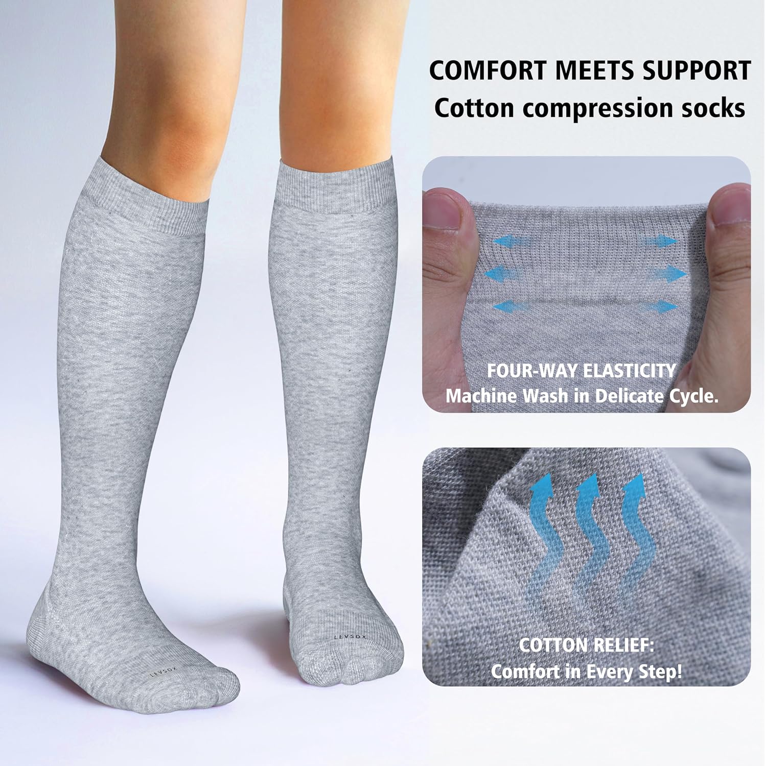 Detalle de LEVSOX Cotton Compression Socks for Women & Men, 20-30mmHg Knee-High Support