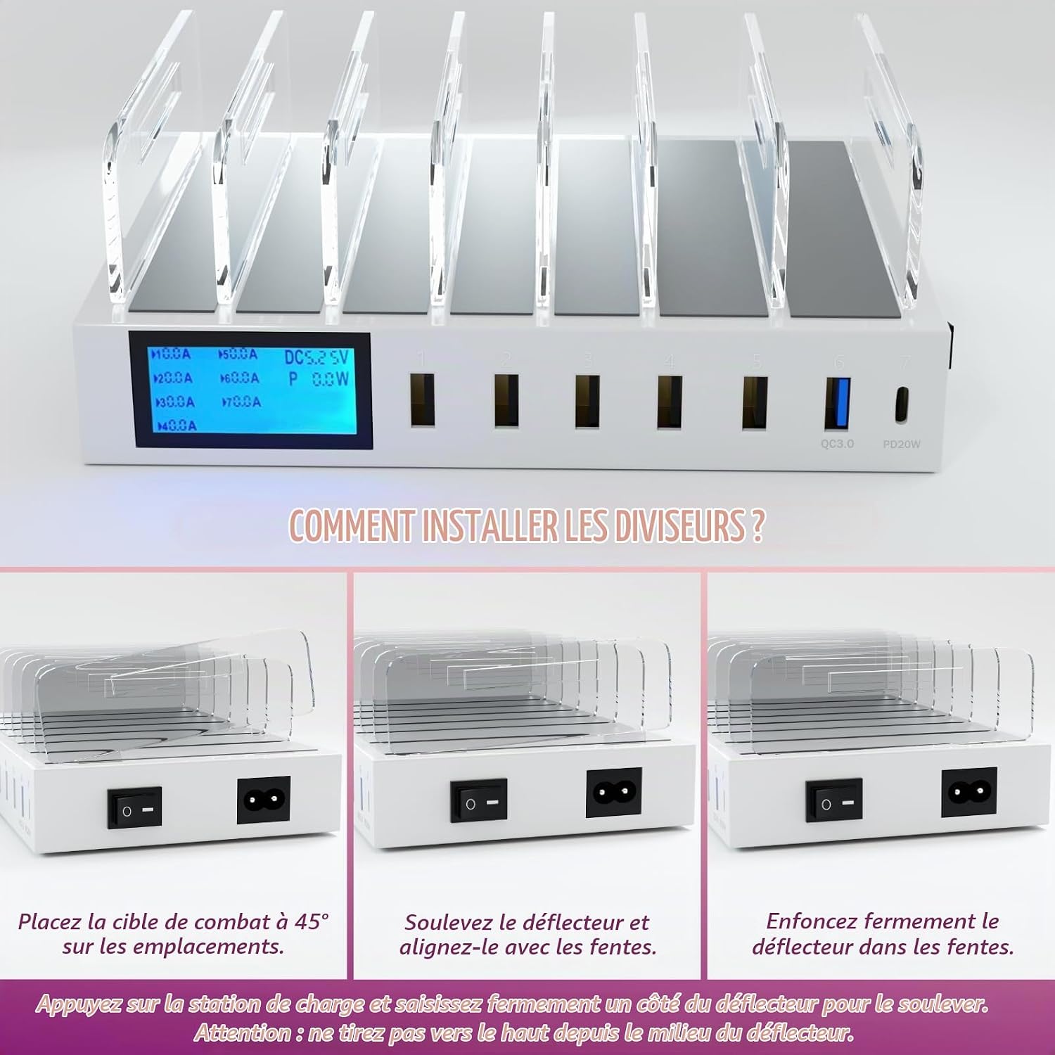 Detalle de ideallife QC3.0-laadstation met LCD-scherm, verstelbare verdelers en 7 kabels