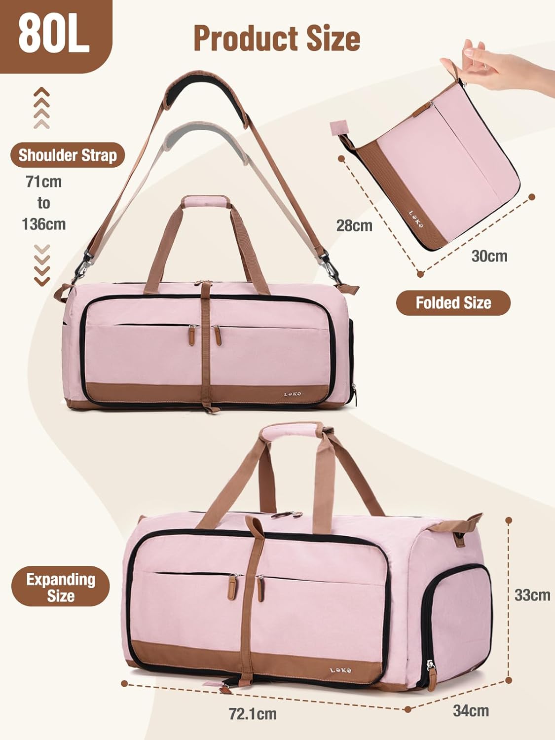 Thumbnail 2 de Lekesky Reisetasche Große 80L mit Schuhfach – Faltbare Weekender für Damen