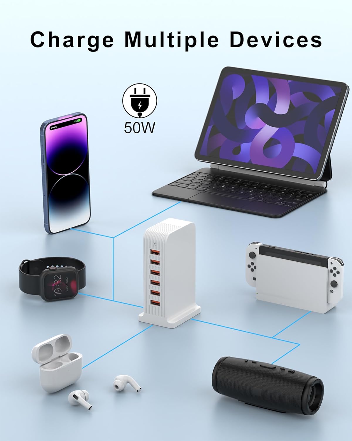 Thumbnail 5 de Qurzou USB Charger 50W 6-Port USB Tower (White)