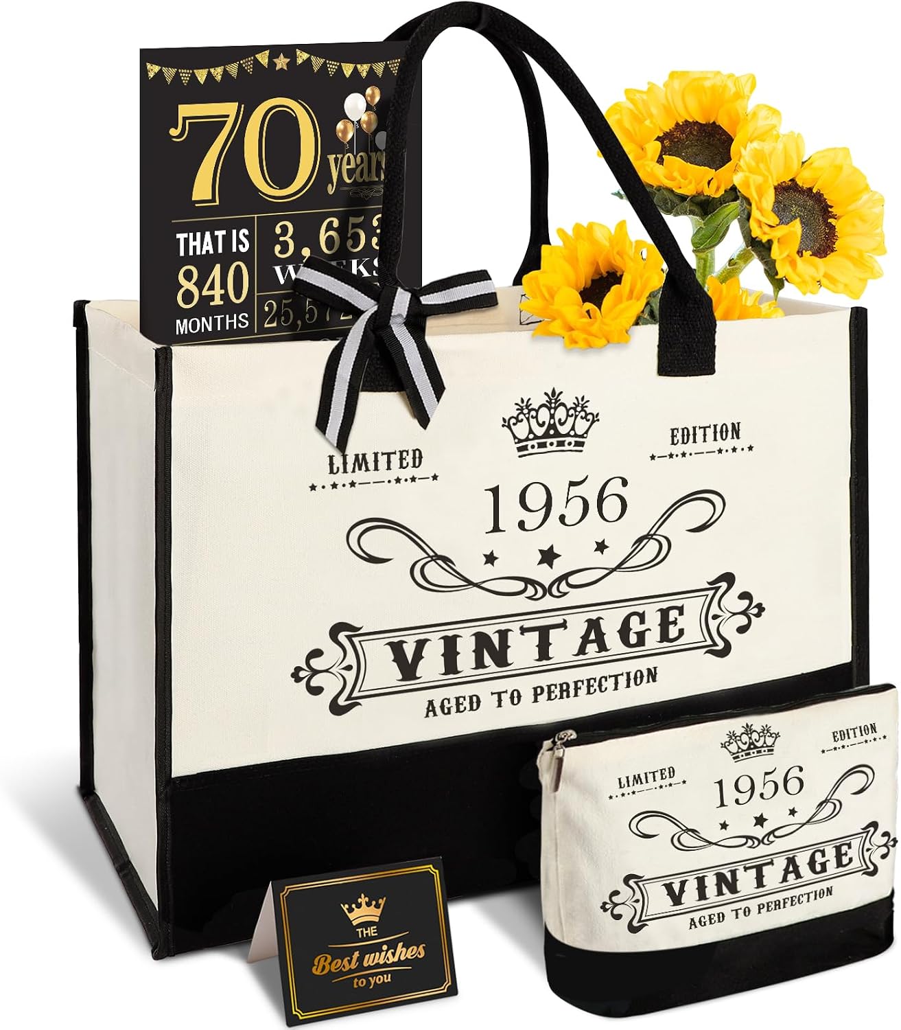 Detalle de 70. Geburtstagsgeschenke für Frauen – Leinwand Tote Bag Set mit Kosmetiktasche und Poster „Back in 1956“