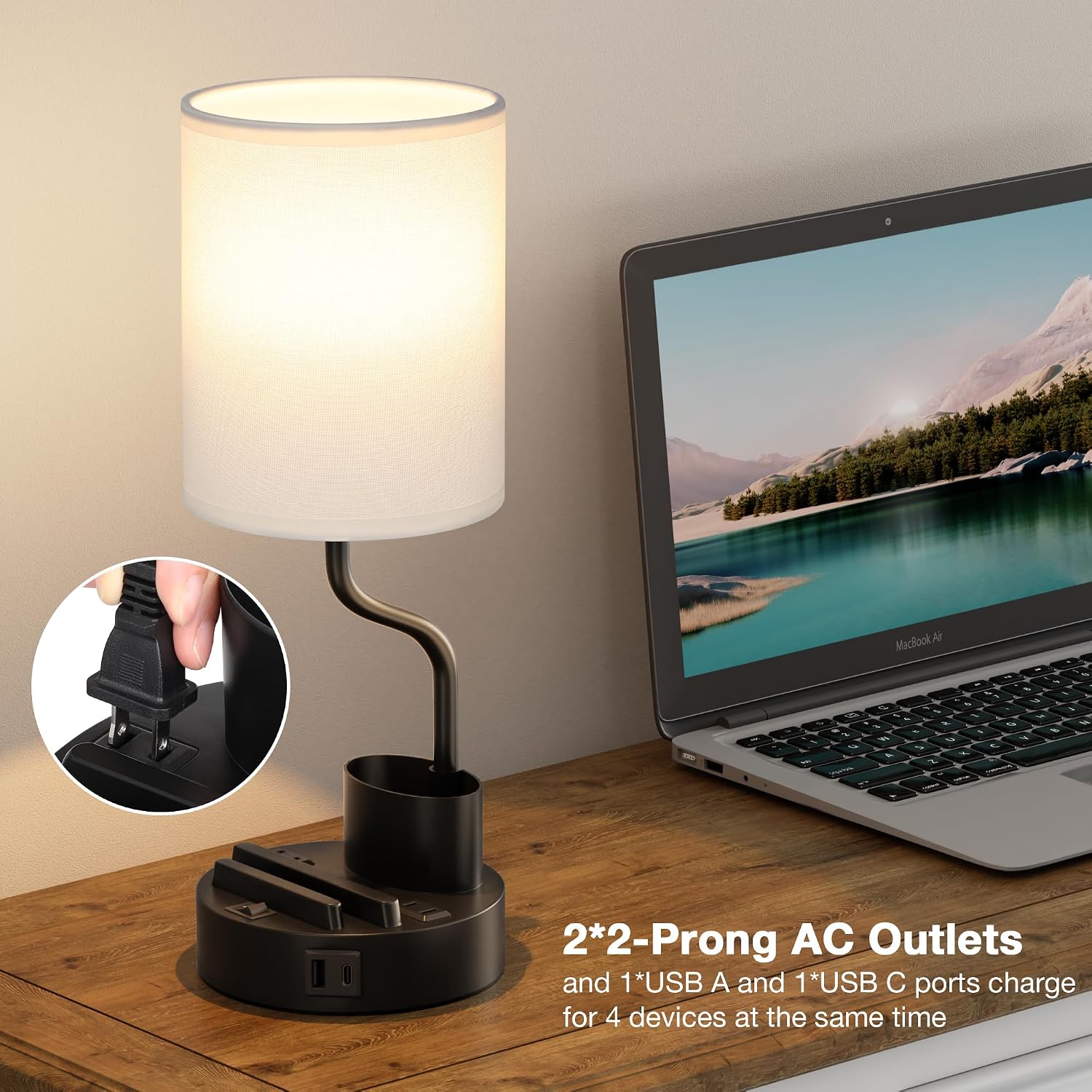 Detalle de Fenmzee Bedside Lamps, Set of 2 with USB-C, AC Outlets and Phone Stands