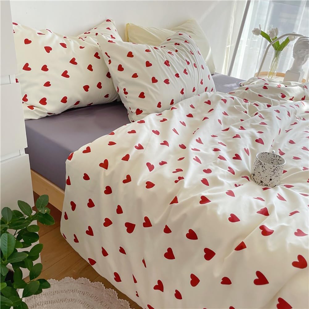 Detalle de Michorinee Housse de Couette Cœur 220x240 Rouge avec 2 Taies d'oreiller 65x65 cm – Parure de Lit Rouge et Blanche en Microfibre