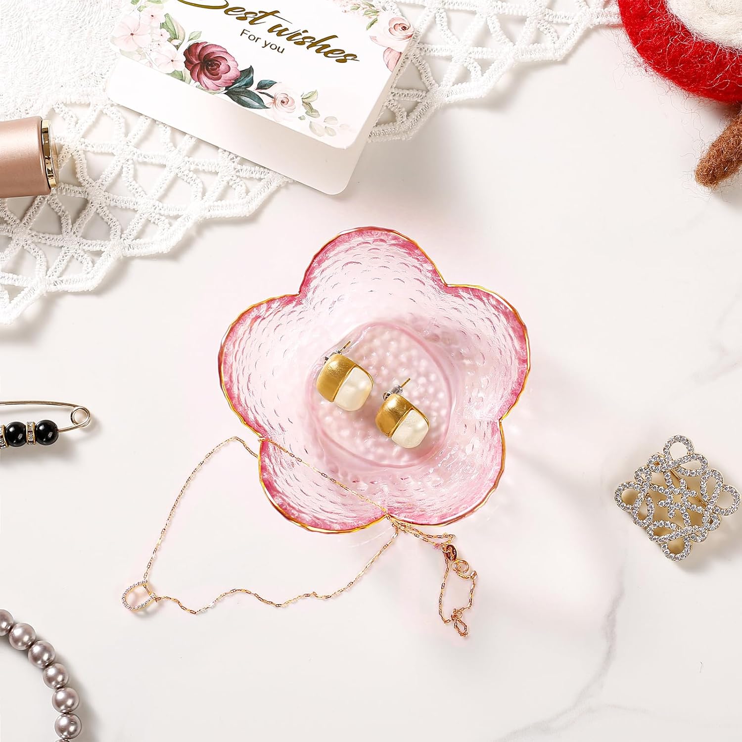 Detalle 2 de Binoster Pink Flower Trinket Dish Set (2 pcs) – Jewellery and Ring Holders for Small Desk or Bedroom Storage
