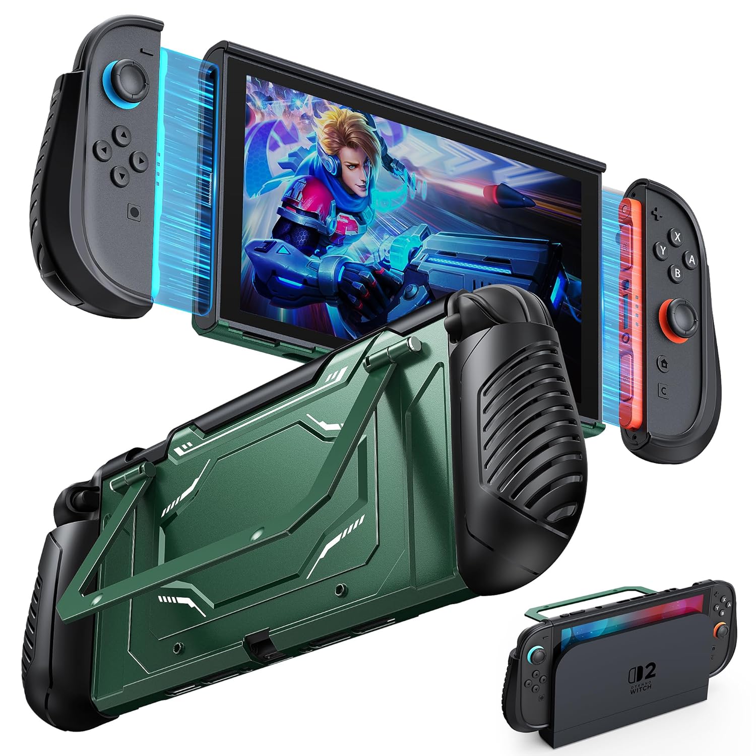 Detalle de Schutz in Militärqualität FYOUNG Dockable Hülle für Nintendo Switch 2 (2025) – Grün