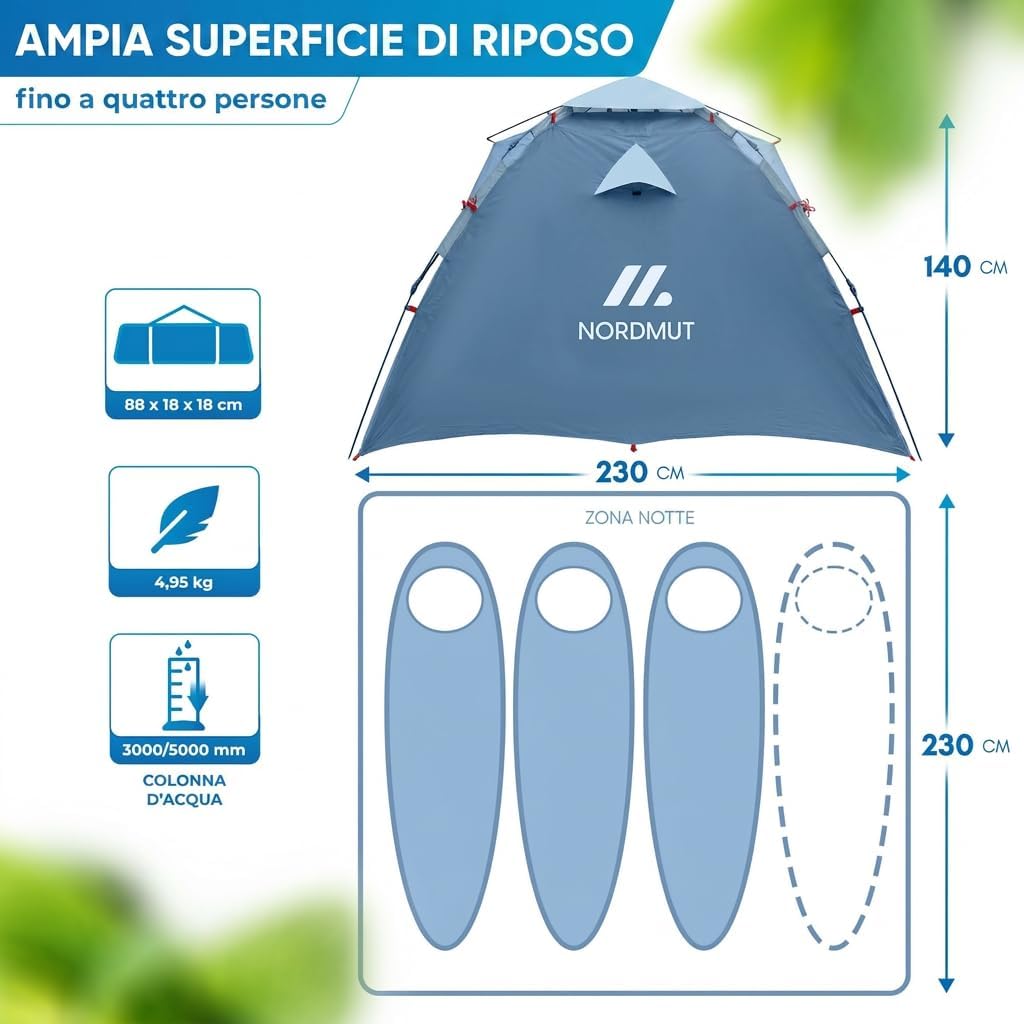 Detalle 2 de NORDMUT Tenda Pop-Up 2-4 Persone – Montaggio Istanteaneo, Impermeabile e Protezione UV