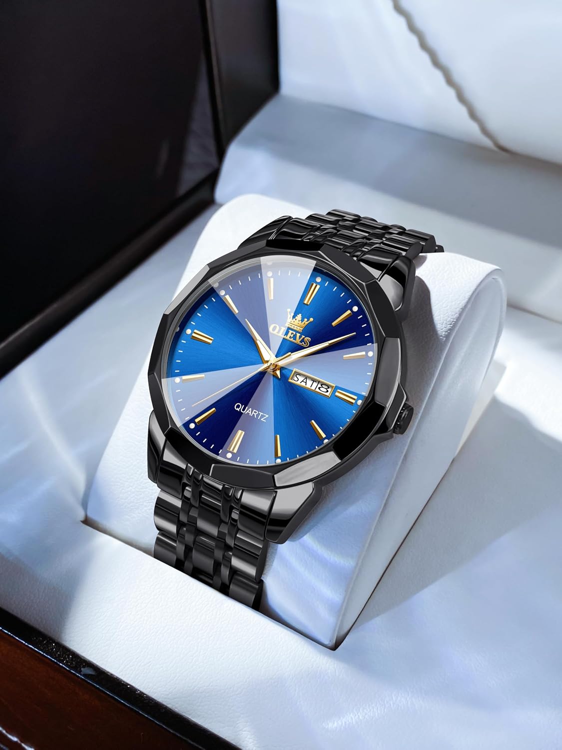 Detalle de OLEVS Herrenuhren Skelettuhr Quarz – Edelstahl, Diamantindexe, Leuchtzeiger, 41 mm