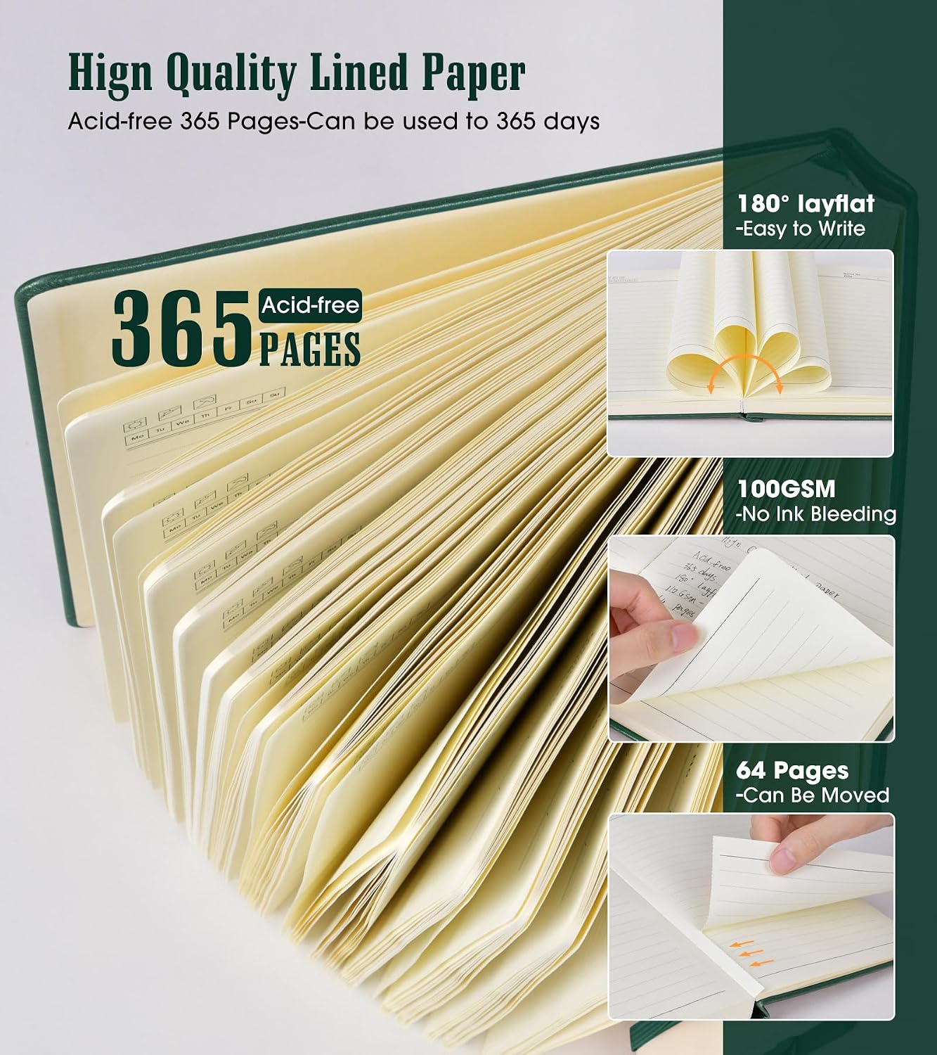 Thumbnail 2 de Ansopu A5 Lined Journal Notebook, 365 Pages, 100 GSM Paper, Green Hardcover