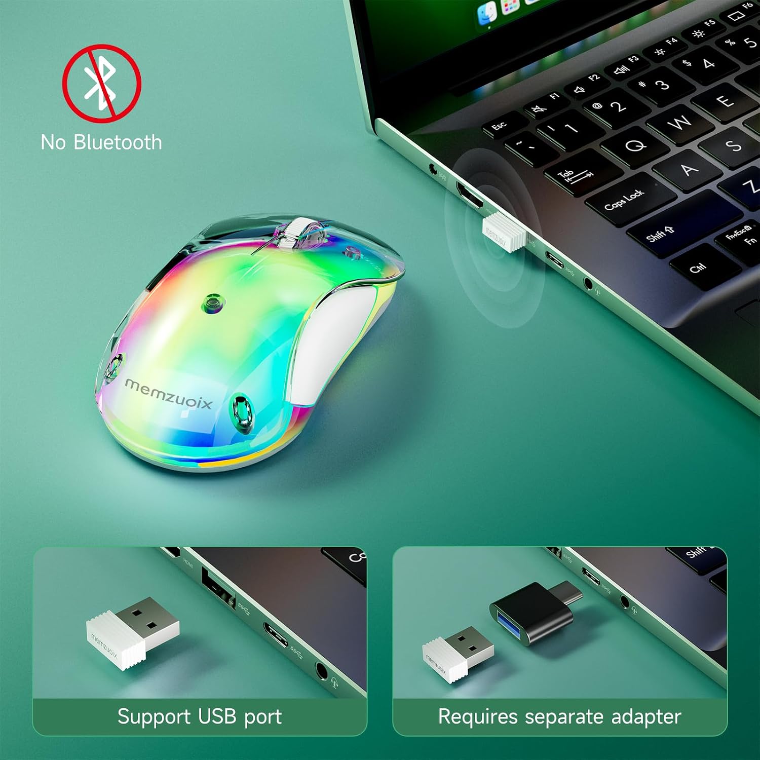 Detalle de memzuoix LED Wireless Mouse (Green) – Rechargeable 2.4G optical mouse with RGB lighting